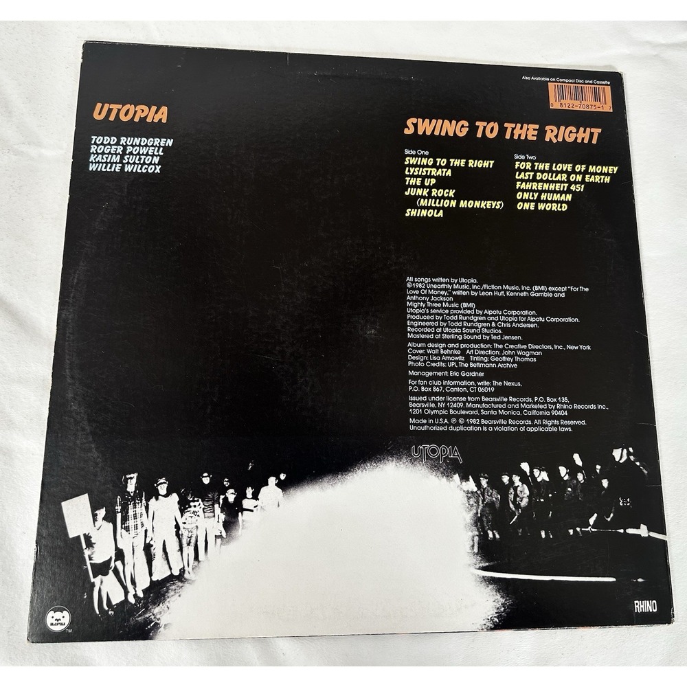 Todd Rundgren's Utopia Swing to the Right Album LP 1982 Used Bearsville Records - Picture 2 of 4